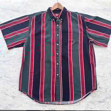 90s Navy Red and Green Striped Button Up | Large 