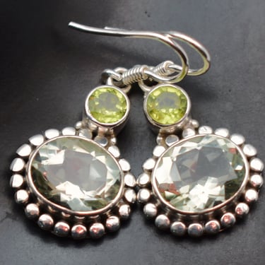 80's green amethyst peridot sterling dangles, beaded India 925 silver prasiolite olivine hippie couture earrings 