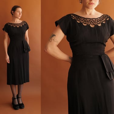 Vintage 50s Black Cut Out Cocktail Dress/ Size Medium 29 
