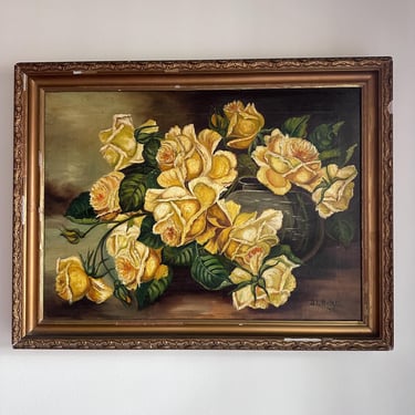 Vintage Yellow Roses Original Signed Art Oil on Canvas 