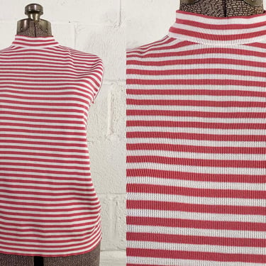 Vintage Mockneck Sleeveless Top Jay Walker Leslie Steele Tank 70s 1970s Mod Pink White Stripe Striped Knit 1960s 60s Medium Large 