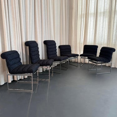 Set Of Six Upholstered Chrome Milo Baughman Style Dining Chairs