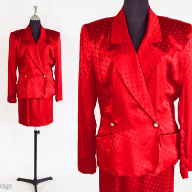 1980s Red Silk Suit | 80s Red Silk Skirt Suit | Yves Cossette | Medium 