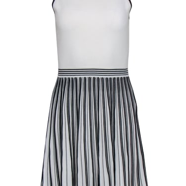 Kate Spade - White &amp; Black Striped Pleated Knit Fit &amp; Flare Dress Sz S