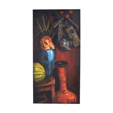 Impressionist Still Life Blue Vase Orange Flowers Oil Painting Lenell Chicago Artist 
