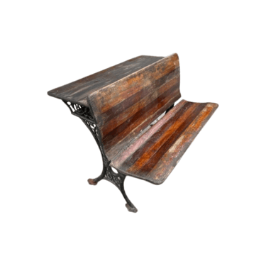 Antique American School House Style Wood and Wrought Iron Bench