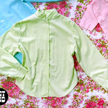Pretty & Simple Vintage 60s Light Green Long Sleeve Blouse with Mandarin Collar 
