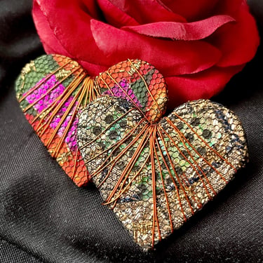 Artsy Heart Brooch, Double Hearts, Wire Wrapped Textile, OOAK Artisan Jewelry, Vintage 