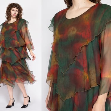 1X 70s 80s Tiered Earth Tone Scarf Hem Dress | Vintage Boho Draped Sheer Sleeve Midi Gown 