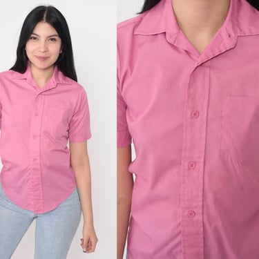 Pink Button Up Shirt 70s Collared Shirt Retro Preppy Collared Short Sleeve Plain Basic Seventies Chest Pocket Vintage 1970s Extra Small 2xs 