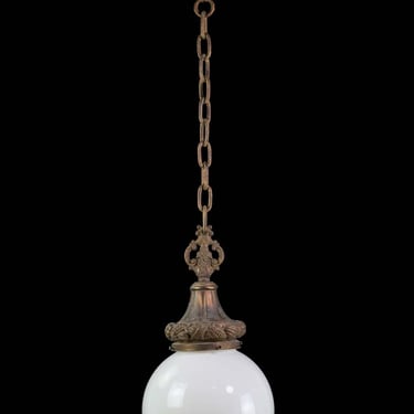 1910s Victorian Spherical Opal Glass & Bronze Pendant Light
