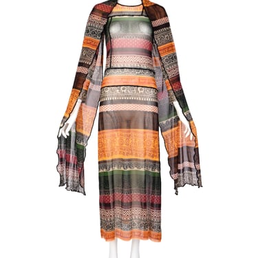 Jean Paul Gaultier Vintage AW 2000 Multicolor Mixed Print Pieced Patchwork Sheer Mesh Dress with Attached Scarf