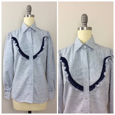1960s / 1970s Rockmount Ranch Wear Blue Western Shirt / 60s / 70s Ruffled Lace Pearl Snap Blouse / Size Small 