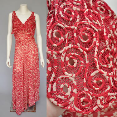 1930s red floral silk bias cut dress with unique collar XS-M 