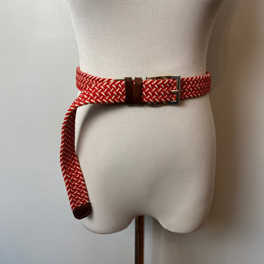 Vtg Red & white woven belt with leather/ unisex style androgynous Larger Boho vibes skinny trouser belt size 34” range 