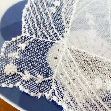 Tambour lace wedding handkerchief. Bridal keepsake hankie with embroidered white net lace.  Something old for the bride. 