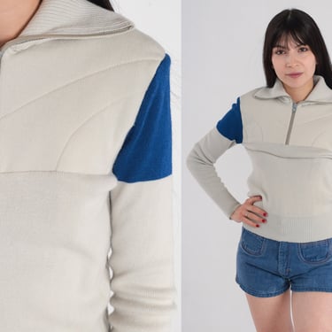 80s Ski Sweater Grey Wool Quarter Zip Sweater Slalom Pullover Knit Blue Quilted Sweater Retro Sporty Basic Vintage 1980s Extra Small xs 