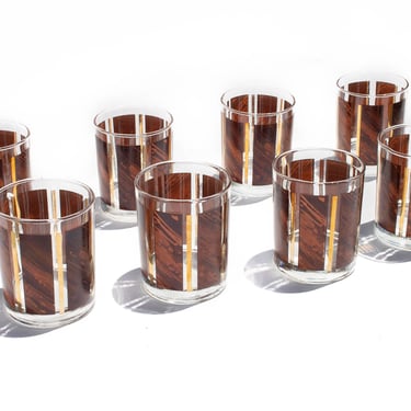 Set of 8 Libbey Brown Wood Grain Gold Stripe Lowball Glasses, Retro Barware, Whiskey Old Fashioned Rocks Glasses 