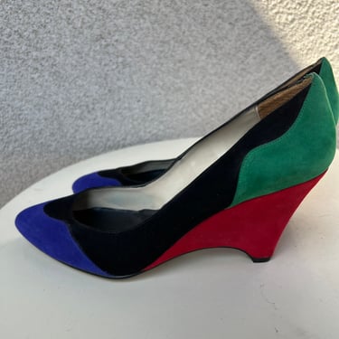Vintage suede color block wedge pumps shoes Sz 7-7.5 by Sergio Zelcer 