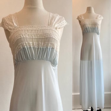 Vintage 40's 50s Empire Waist Goddess Nightgown / Blue Nylon + LACE + Pleat Detail 