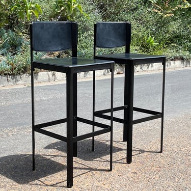 Vintage Matteo Grassi Black Leather Barstools - Set of 2 