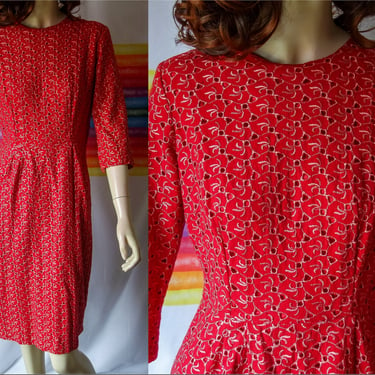 60s wiggle dress size small red cotton, vintage wounded 50s 3/4 sleeve cocktail garden party crew neck modest professional work or day dress 