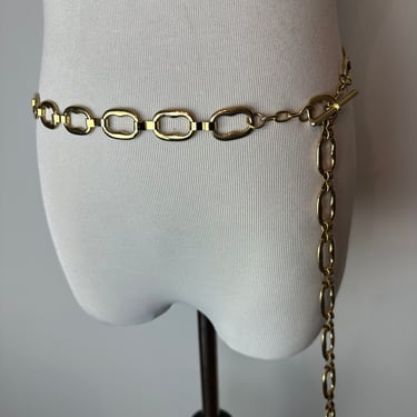 Vintage glossy gold chain link belt~ slinky dress belt 1960’s 70’s shiny metallic disco glam dressy belts / open size 28”- 34” waist or hips 
