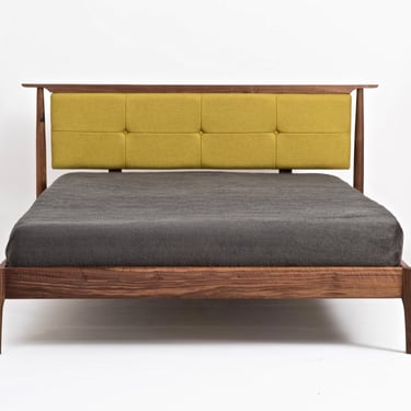 Upholstered Headboard Bed | Made To Order Solid Wood Platform Bed | Mid Century Modern Storage Bed | Walnut Bedframe 