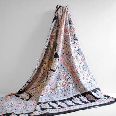 Vintage Indian Tapestry Textile in Black, Blue, Yellow and Red Florals, Cotton Tablecloth 