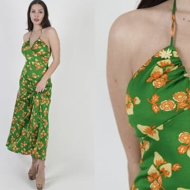70s Strawberry Print Halter Dress, Orchard Prairie Garden Style, Low Cut  Spaghetti Strap Party Maxi Dress 