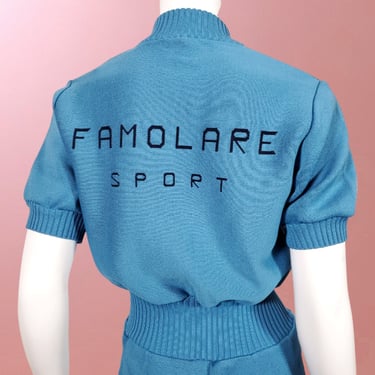 Rare Famolare Sport jumpsuit romper one piece short sleeves/shorts vintage 70s 80s stretch knit zip front wide ribbing collectible piece (S) 