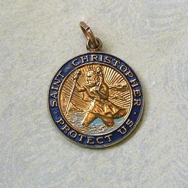 Vintage Sterling Vermeil and Blue Enamel Saint Christopher Pendant, Old St. Christopher Medal (#4431) 
