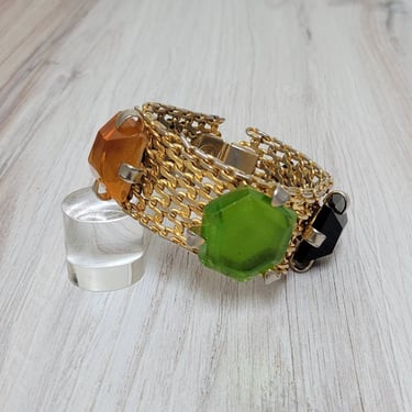 Vintage Dominique Aurientis Gold Mesh Bracelet with Colorful Glass Stones - Fine French Costume Jewelry 