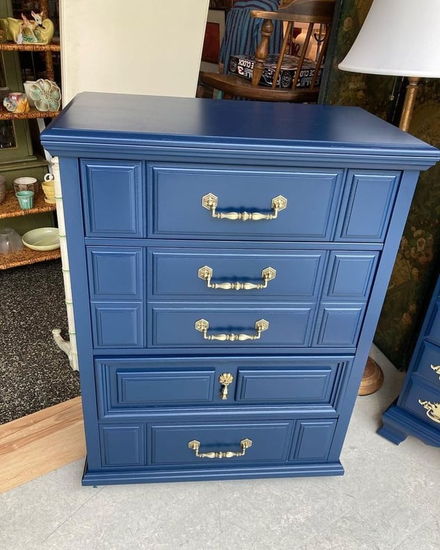 Blue painted 4 drawer chest by Bassett. 32” x 18” x 42”