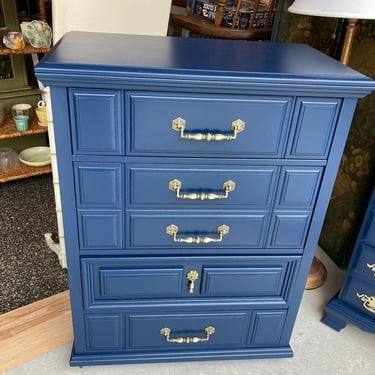 Blue painted 4 drawer chest by Bassett. 32” x 18” x 42”
