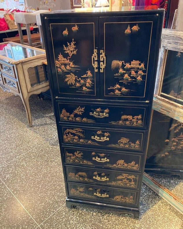 Chinoiserie jewelry and lingerie cabinet 20.5” x 15.5” x 53” Call 202-232-8171 to purchase