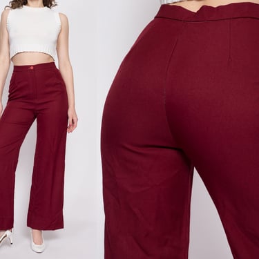 70s Wine Red High Waisted Pants - Medium, 28" | Vintage Straight Leg Retro Polyester Disco Trousers 