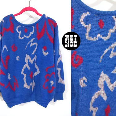 Unique Vintage 80s 90s Blue & Magenta Pink Patterned Oversized Sweater 