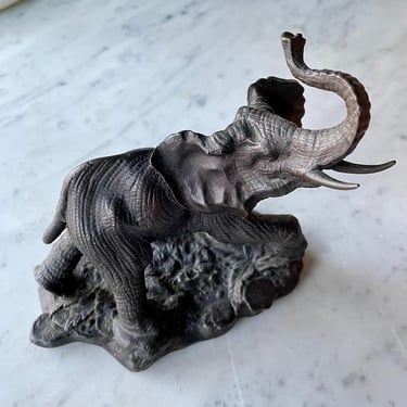 Bronze African Elephant Statuette Desktop Sculpture Vintage 1970s Realistic Animal Paperweight Office Decor 