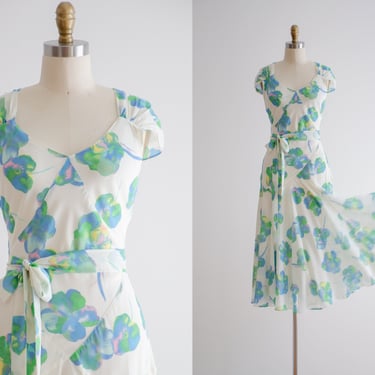 bias cut dress | 90s y2k vintage white blue green floral chiffon asymmetrical kerchief hem dress 