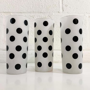 Vintage Fire King Anchor Hocking Set of 3 Frosted Polka Dot Glasses Russel Wright Style Black White Mod Barware Mid Century Zombie Glass 