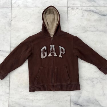 Y2K Vintage Gap Hoodie Kids Sherpa Lined Fleece Brown Logo Full Zip Boys XL 