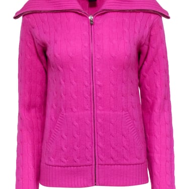 Ralph Lauren - Pink Cable Knit Zipper Front Cashmere Sweater Sz M