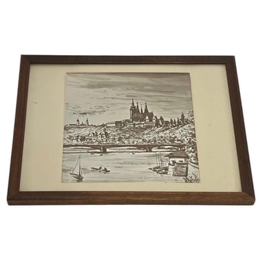 Free Shipping Within Continental US - Vintage Framed Art Print depicting a town overlooking a body of water 