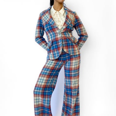 1970s Blue Plaid Three Piece Suit Set, sz. XS/S