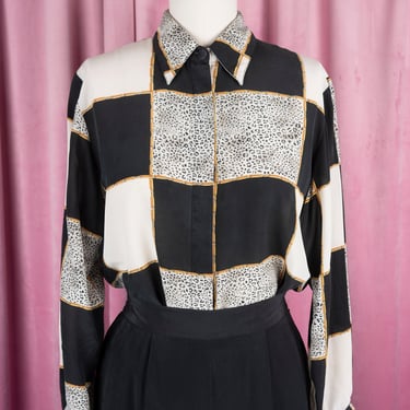 Vintage 90s 100% Silk Blouse Checkered with Black, White, Leopard and Gold Chain Print 