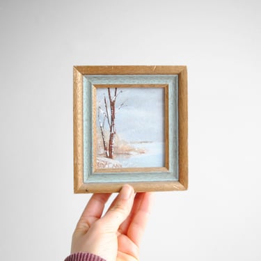 Vintage Tiny Winter Landscape Painting of a Snow Covered Tree by a River 