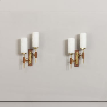 Pair of teak and brass wall sconces in the style of Lunel, 1960s 