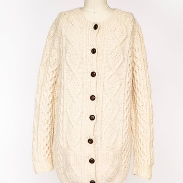 1970s Irish Wool Cardigan Fisherman Sweater Knit L 