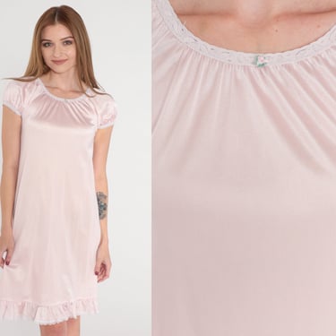 Pink Nightgown 90s Lingerie Mini Dress Lace Trim Sleep Lounge Dress Short Cap Sleeve Nightie Pastel Nylon Vintage 1990s Extra Small xs 